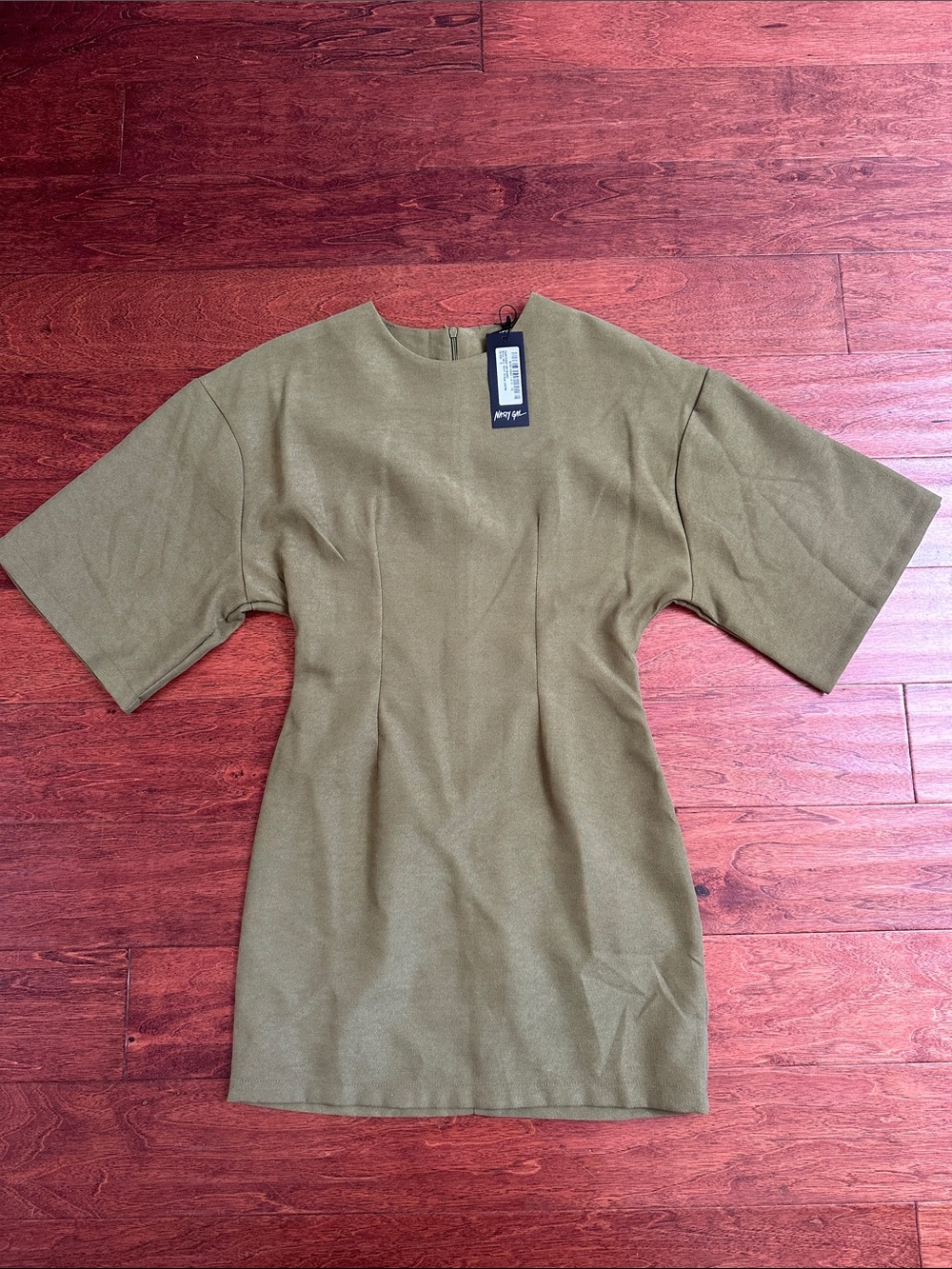 Nasty Gal Olive Boxy Mini Dress with Elbow Sleeves - Picture 2 of 5